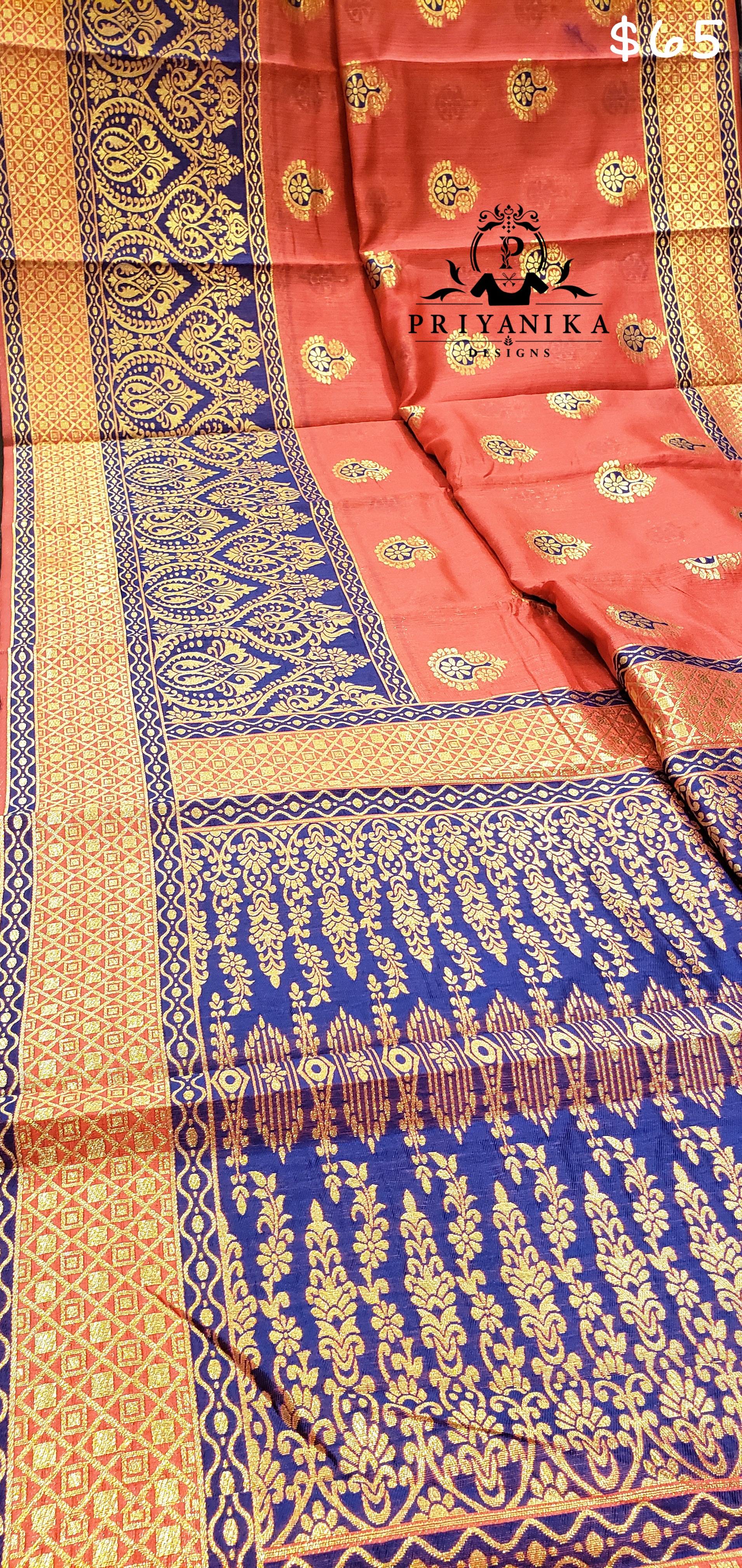 Coral Pink and Deep Purple Banarasi Art Silk Saree